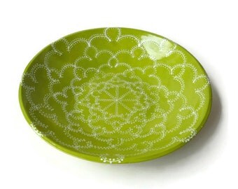 Large Serving Bowl with Doodle Design Apple Green and White