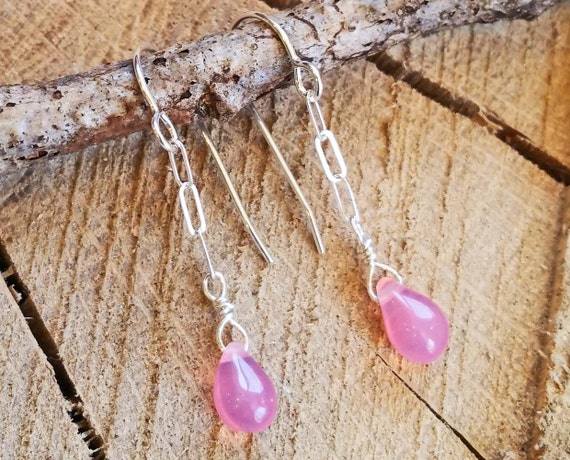 Long Pink Glass Drop Earrings Teardrops Sterling Silver