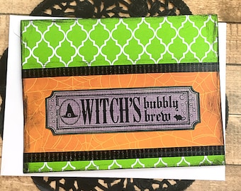 Witch's Bubbly Brew Halloween Card, Trick or Treat, October 31, Orange, Green, Spider Web, Happy Halloween, Witch Hat, Black, Fun -6.5" x 5"