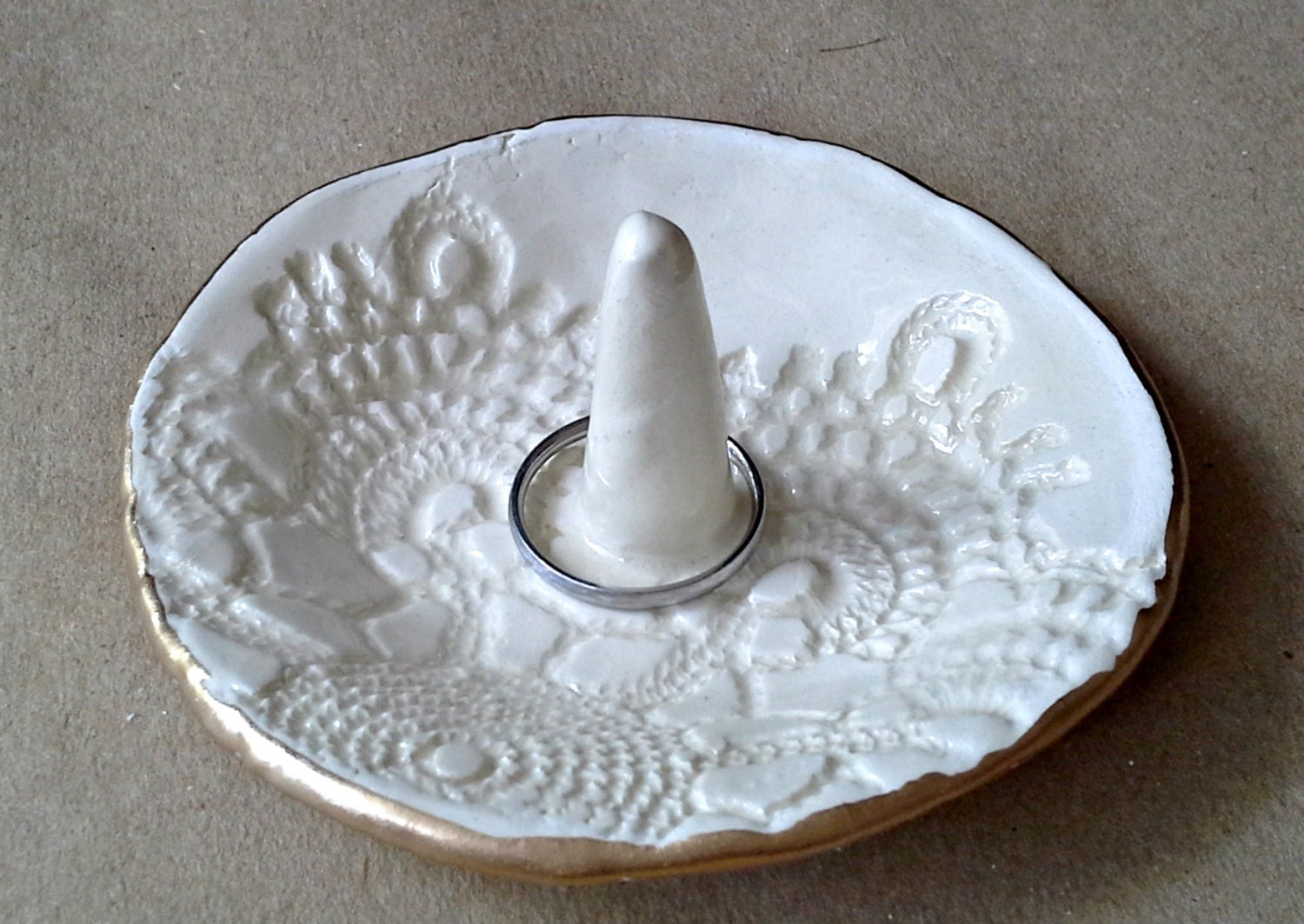 OFF WHITE Lace Ceramic Ring Holder Bowl edged in gold by dgordon