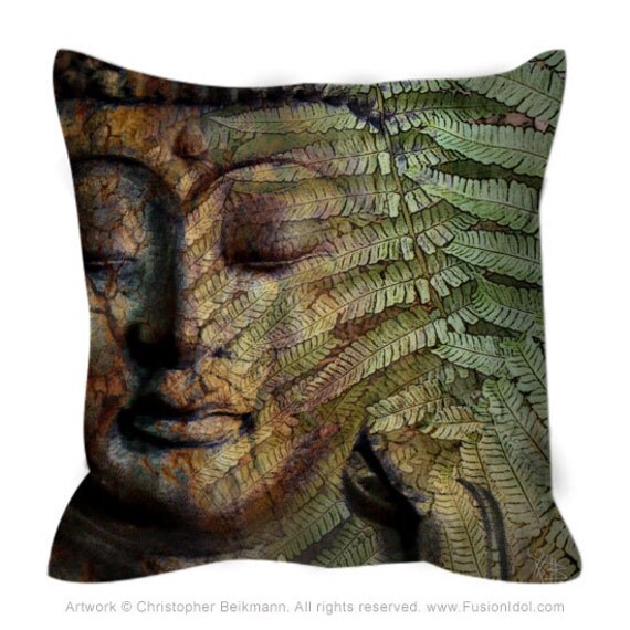 Buddha Throw Pillow Green and Brown Buddhist Art Pillow With