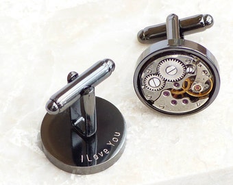 Personalized Gunmetal Vintage Watch Movement Steampunk Cufflinks
