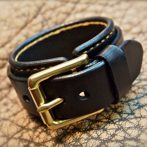 Leather cuff Bracelet Black with Gold hand stitching- Custom crafted for YOU in NYC!