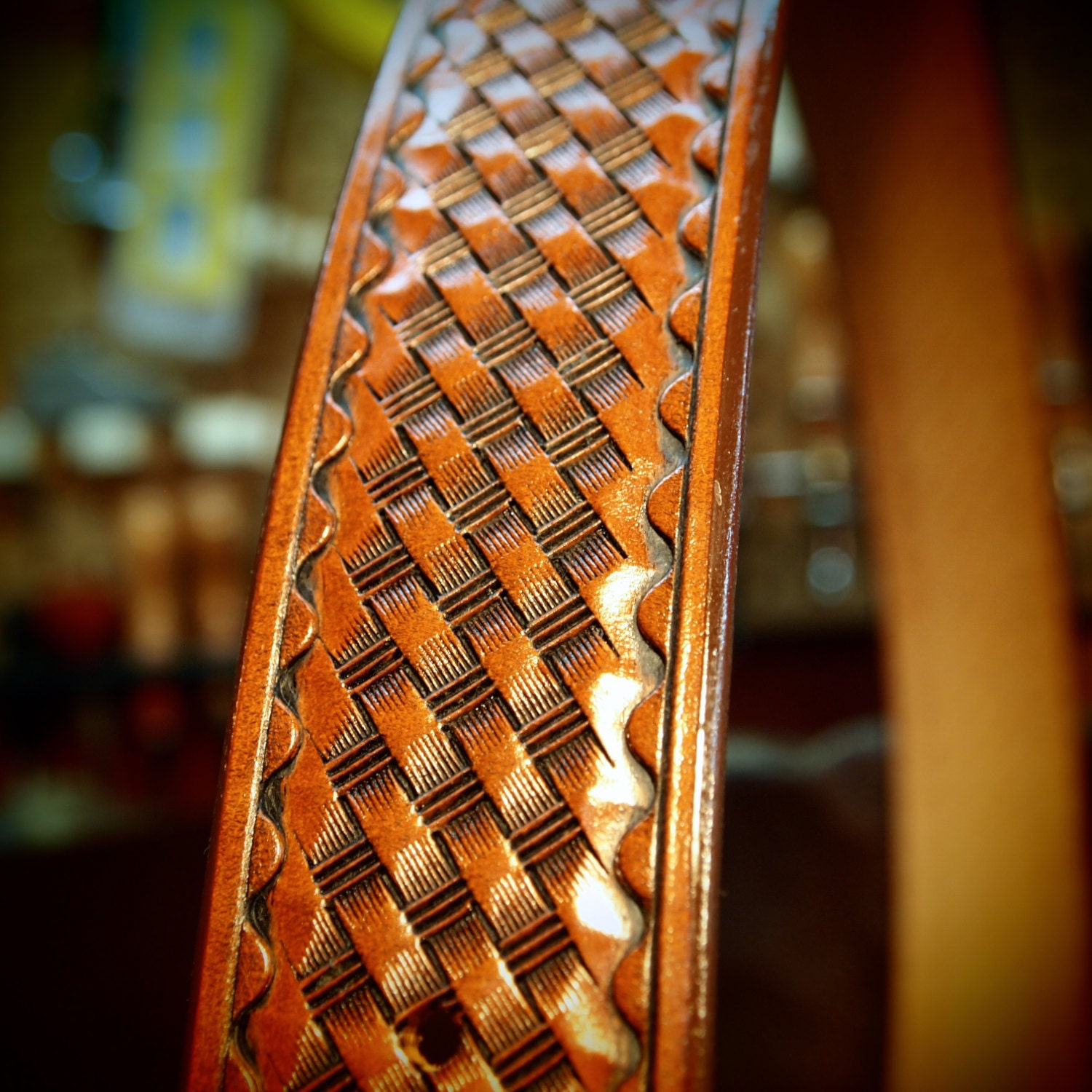 Tan leather belt Tooled basket weave with waved border Polished nickel ...