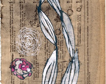 Long Vegetation Original Monoprint on French Book Page / benconservato