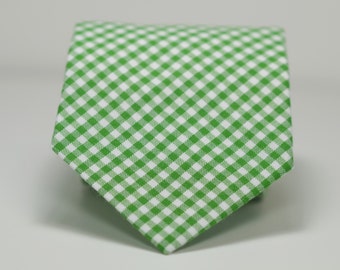 Kelly Green Necktie, Green Gingham Necktie, Wedding Necktie, Men's Necktie, Skinny Necktie