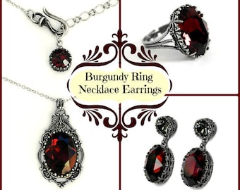 Burgundy Swarovski Necklace Earrings Ring Gothic Jewelry Sets Dark Red Swarovski Oxidized Silver Jewelry Set Romantic Elegant Victorian