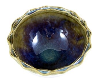 Dark Blue Ceramic Flower Bowl - Handmade Pottery Serving Bowl - Wheel Thrown Stoneware - Ships Today
