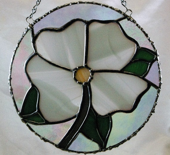 Stained Glass White Dogwood Blossom Suncatcher