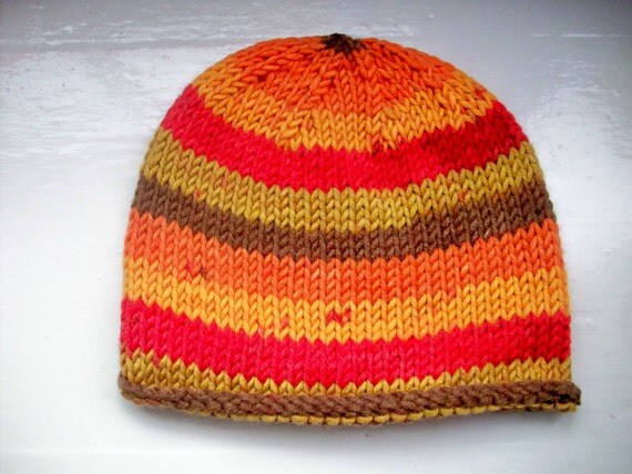 Unisex beanie hat wool rich yarn hand knitted Classic design Contemporary colours - Autumn spice, red, orange