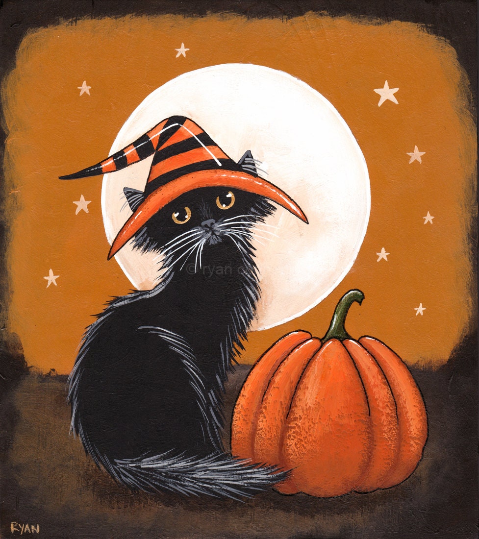 The Little Witch Original Halloween Cat Folk Art Painting