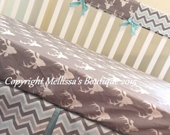 Rustic Deer & Chevron Grey and Light Aqua Baby Nursery Crib Bedding Set made with Designer Fabrics MADE TO ORDER