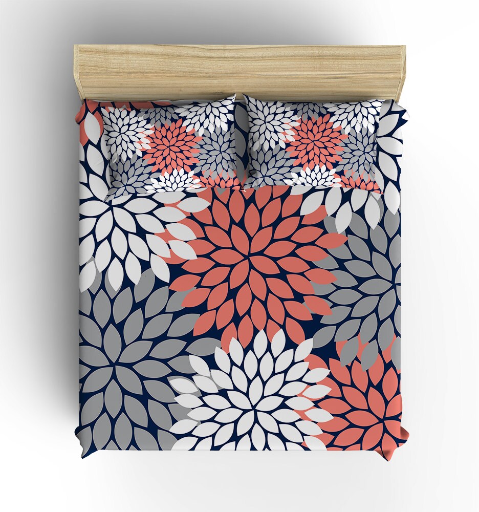 Navy Coral Gray BEDDING Comforter Flower Burst DUVET COVER