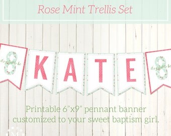 Personalized LDS Baptism Printable Banner for Girls - Rose Pink Mint Green - Trellis Style - Pennant Banner - It's Great to be 8