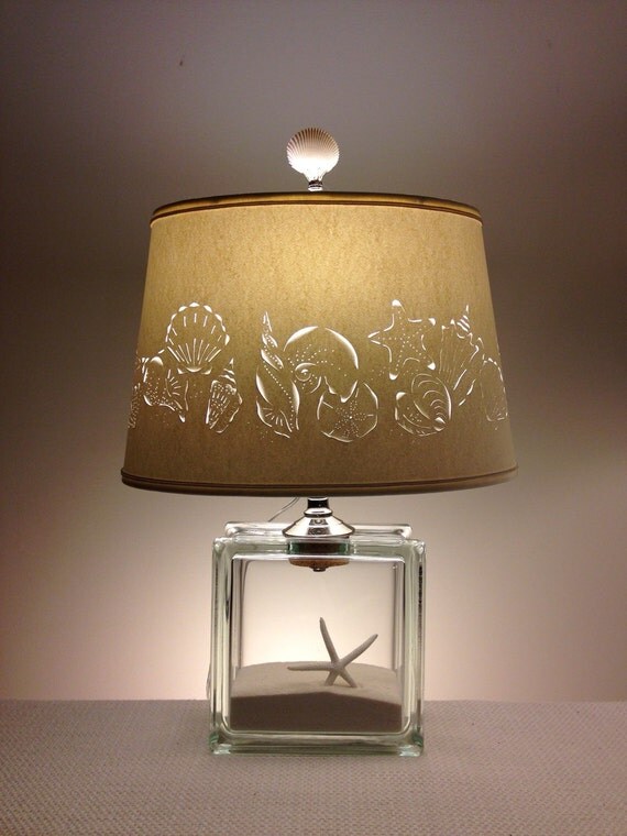 Glass Block Lamp with Hand Cut Seashell Lampshade Fillable