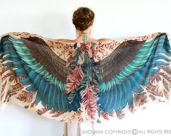 Silk Shawl, Boho Wrap, Womens Cape Scarf, Womens Wrap, Bridesmaid Scarf, Feather Print Wrap, Engagement Gift, Bohemian Shawl, Rustic Shawl