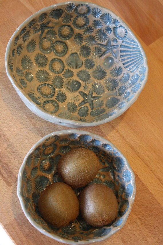 SALE Coral reef Hand stamped bowl set ocean theme starfish