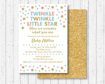 Twinkle Twinkle Little Star Gender Reveal Invitation / Twinkle Star Gender Reveal / Gold Glitter Stars / Gender Reveal Party / PRINTABLE