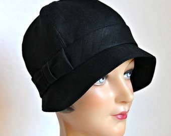 Black Linen Cloche with Bow - 1920s Cloche Hat - Made to Order