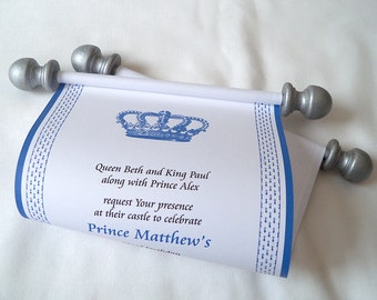 Royal prince invitation scroll, prince baby shower invitation, royal crown invitation, blue and silver, set of 10