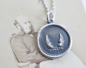 wings wax seal necklace - soar, swiftness, protection - inspirational gift - sterling silver antique wax seal jewelry