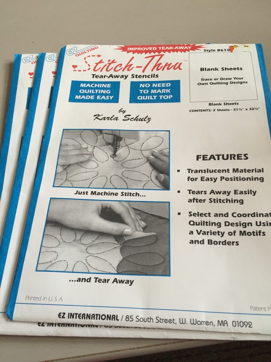 Stitch thru tear away stencils for quilting