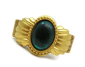 Gold Mesh Bracelet - Green and Blue Gripoix Glass, Designer Andrew Spingarn, Costume Jewelry, Poured Glass