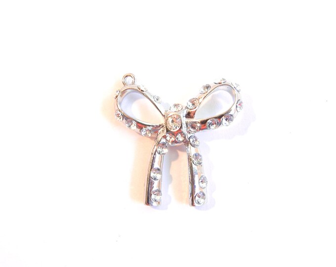 Silver-tone Rhinestone Bow Ribbon Charm Pendant