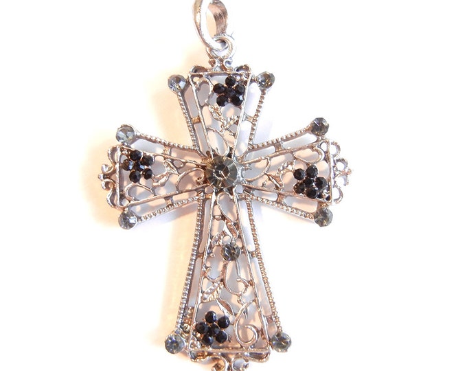 Antique Silver-tone Filigree Cross with Black and Gray Rhinestone Pendant