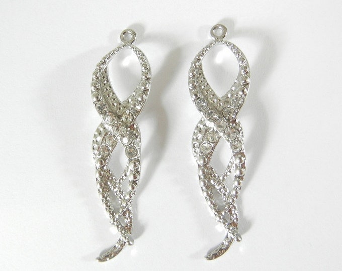 Pair of Curvy Silver-tone Textured Drop Charms Rhinestones