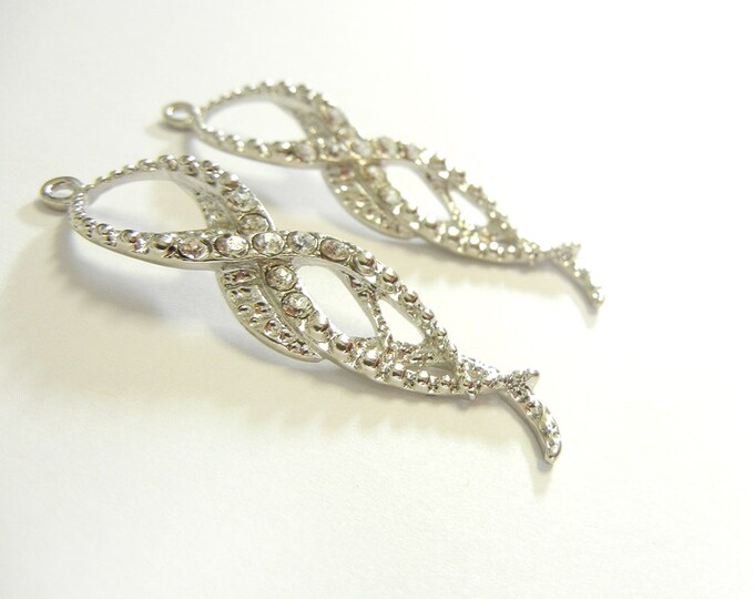 Pair of Curvy Silver-tone Textured Drop Charms Rhinestones