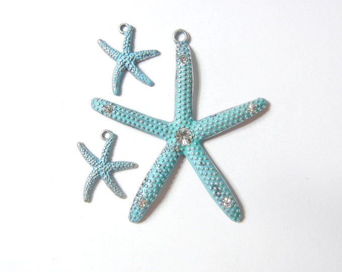 Set of Turquoise Blue Starfish Pendant and Charms Rhinestone Accents