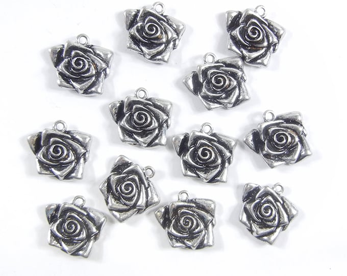 Set of 12 Antique Silver-tone Flower Charms