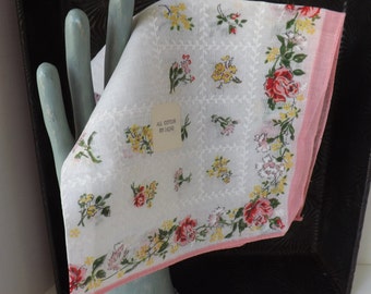 Vintage unused pink and yellow floral rose hanky handkerchief new with tag cotton