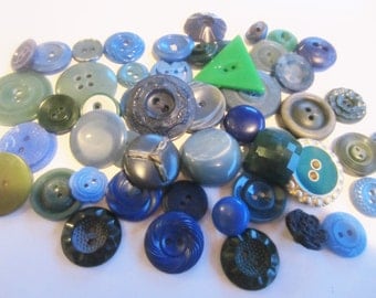 Vintage Buttons - Cottage chic mix of blue and green lot of 53, old and sweet (sept 284)