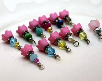 12 Piece Baby Bell Lucite Flower Bead Dangle Charm Drop Set In Pink