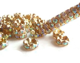 12 Aurora Borealis Rhinestone Spacer Beads, Jewelry making Bead Supply, Graded A, Gold Plated Brass , 8 mm Diameter
