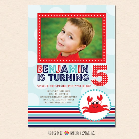 Splashing Crab - Pool, Beach or Summer Theme - Birthday Party Invitation (Digital File OR Cardstock Printed Cards Also Available) Il_570xn