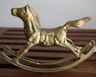 PAINTED PONY: Vintage Rocking Horse Statuette Figurine, Iron Metal, Mixed Metals Patina of Matte Brass - Shiny Gold, Midcentury Modern Style