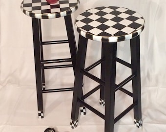 Whimsical Painted Furniture, 29" Painted round top bar Stool//Whimsical painted stool//Checkered Stool Black White