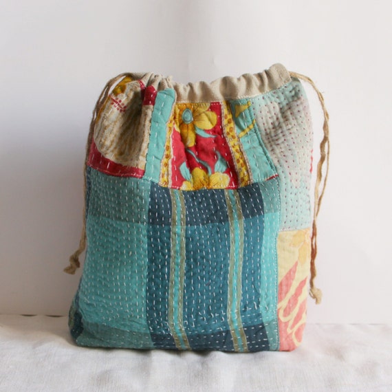 Drawstring bag medium vintage kantha quilt by roxycreations