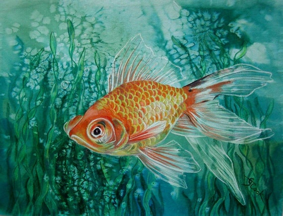 Fantail Goldfish Aquarium Original Watercolor Colored Pencil