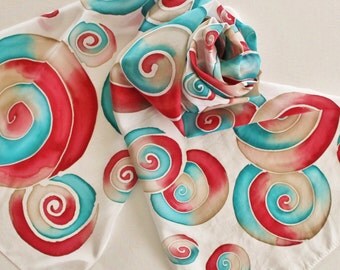 Hand Painted Silk Scarf - Handpainted Scarves Cherry Red Turquoise Teal Blue Aqua Tan Beige Ecru Khaki White Circles Swirls Abstract