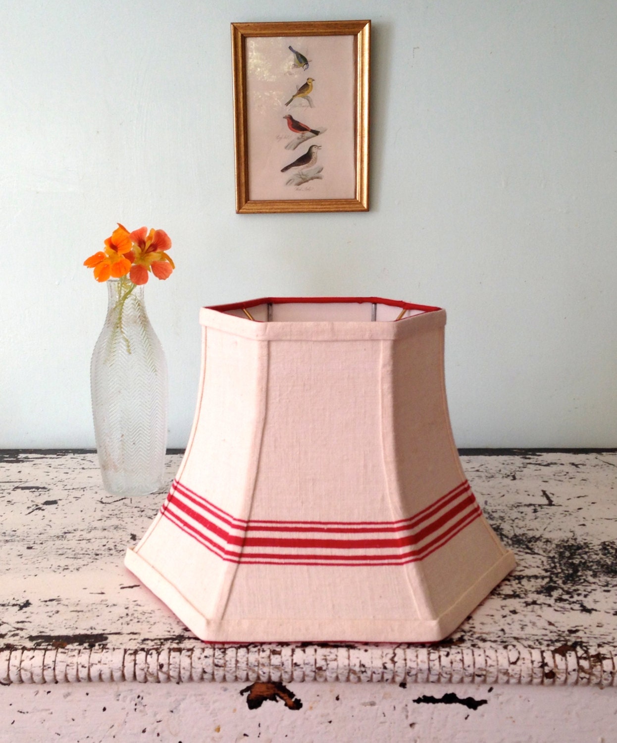 Uno Lamp Shade Red Stripe Lampshade Vintage French Fabric