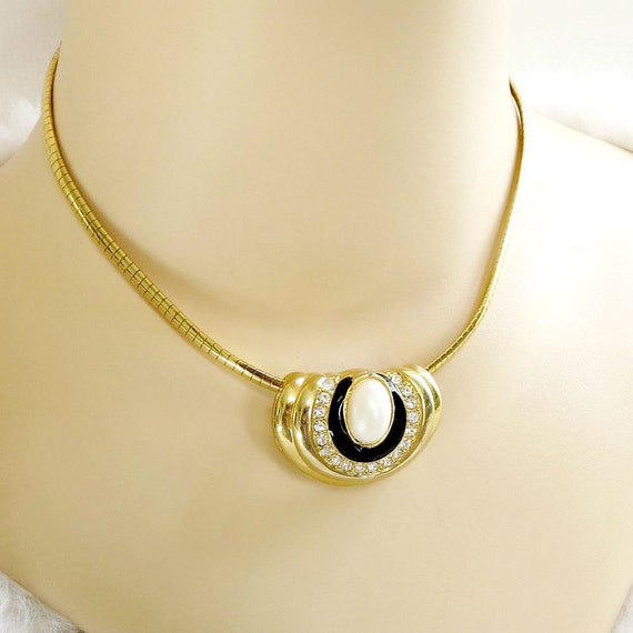 Vintage Slide Necklace Faux Pearl Black Enamel & Clear