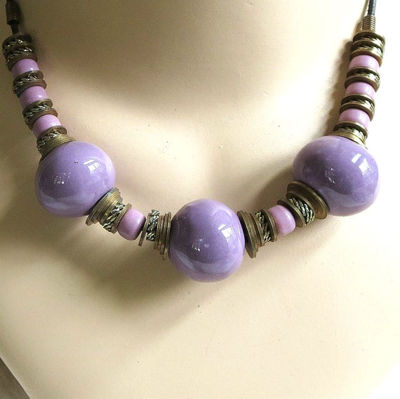 Purple Glass Necklace Metal Beads Vintage Ethnic Boho