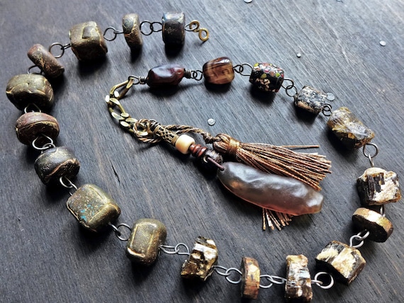 Soil and Sacrament. Dark rustic choker with polymer clay art beads and tourmaline gemstones. Handmade artisan necklace