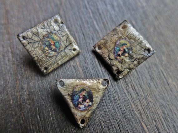 Grungy Mary. Three (3) polymer clay connectors with crackle.