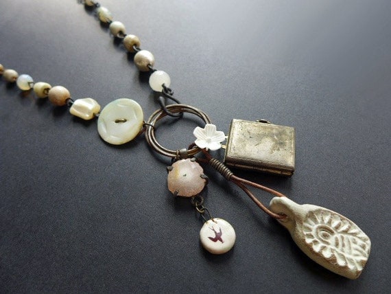 Pregnatress. Rustic assemblage cluster necklace in white.