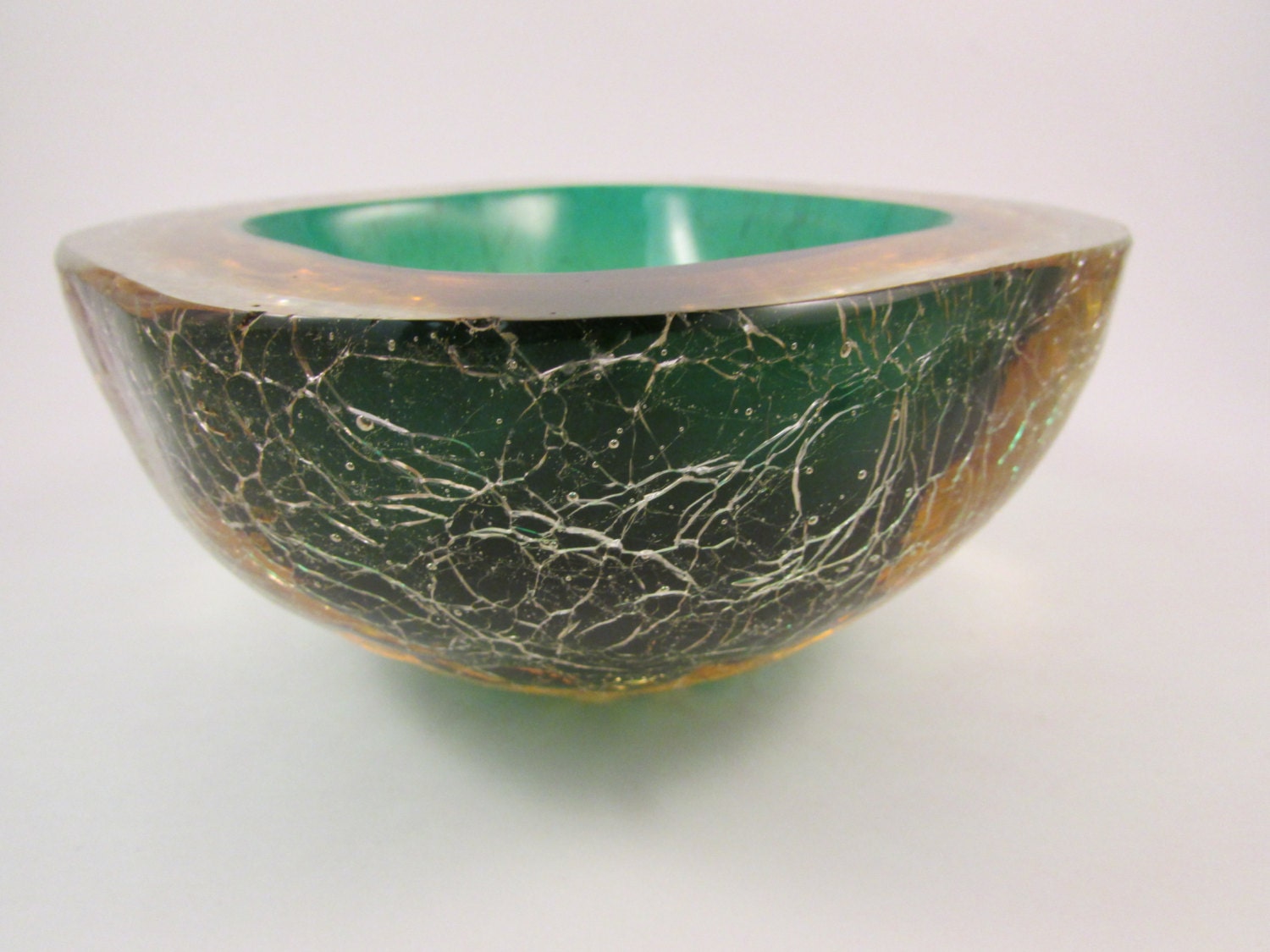 Vintage Murano Crackle Glass Geode Bowl Layered Green Amber